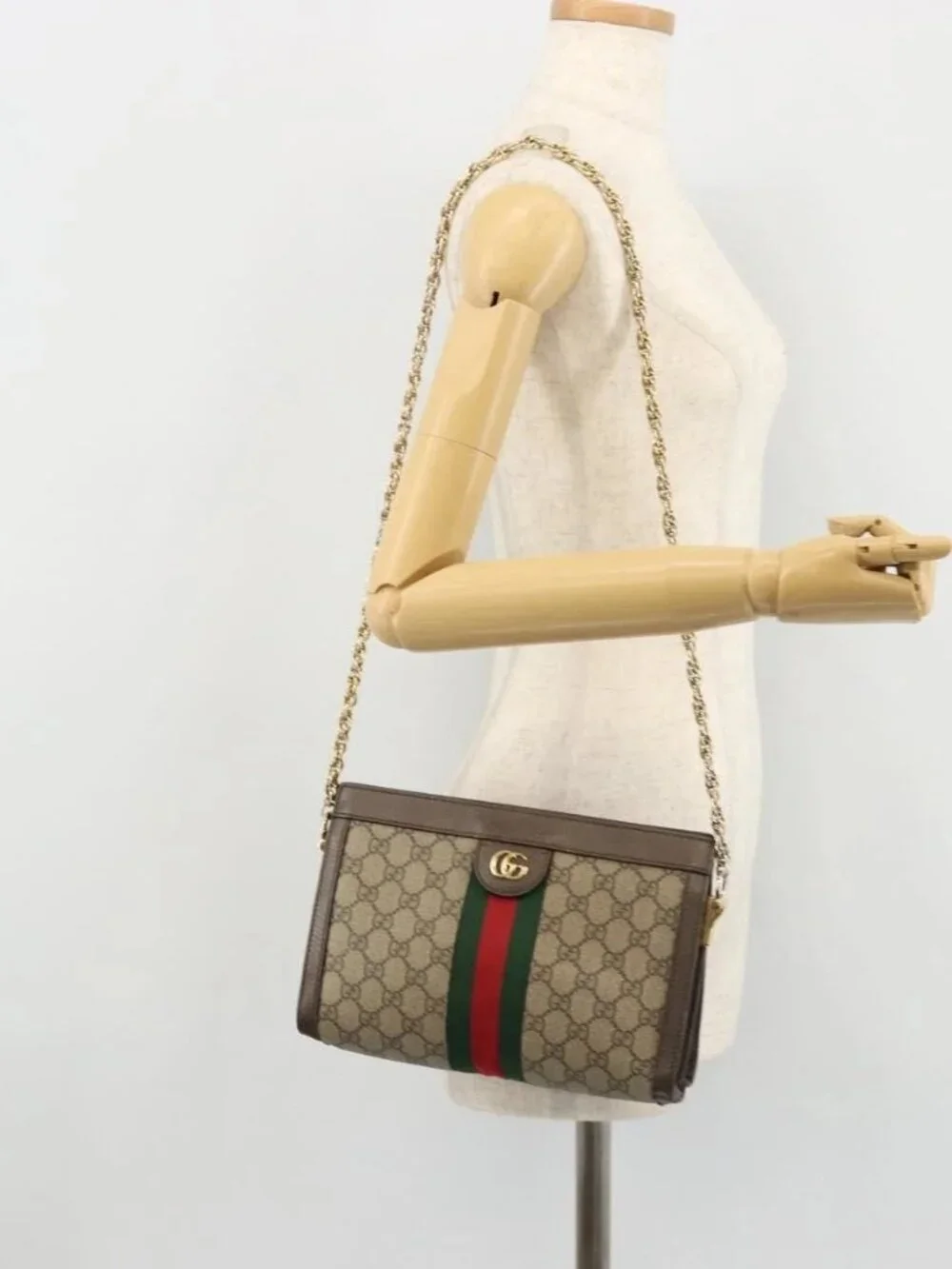GUCCI GG Supreme Web Sherry Line Chain Bag PVC Beige Gold 503877 Auth mr1659